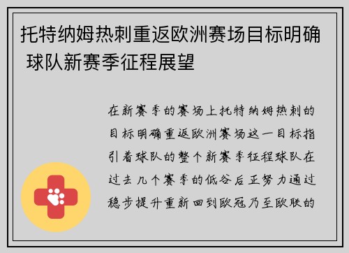 托特纳姆热刺重返欧洲赛场目标明确 球队新赛季征程展望