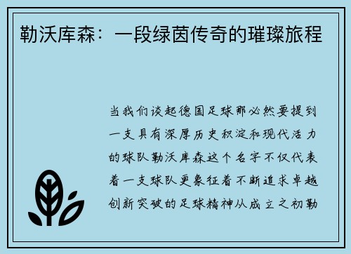 勒沃库森：一段绿茵传奇的璀璨旅程