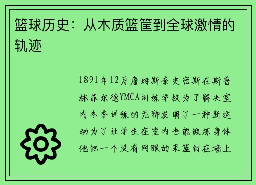 篮球历史：从木质篮筐到全球激情的轨迹